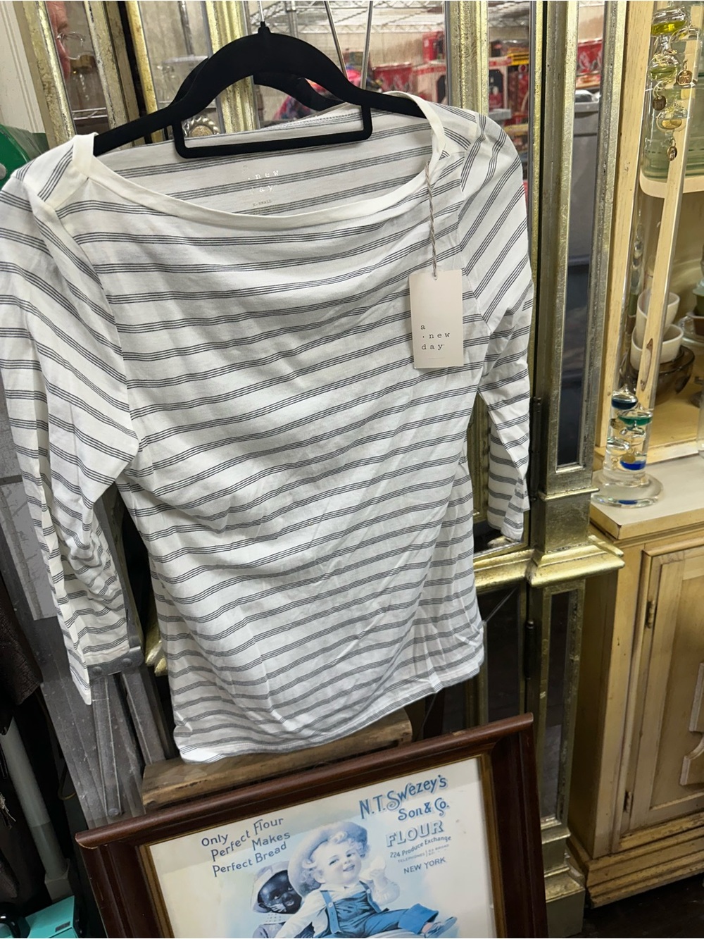 a new day White and Light Gray Striped Boatneck Long Sleeve Top XS